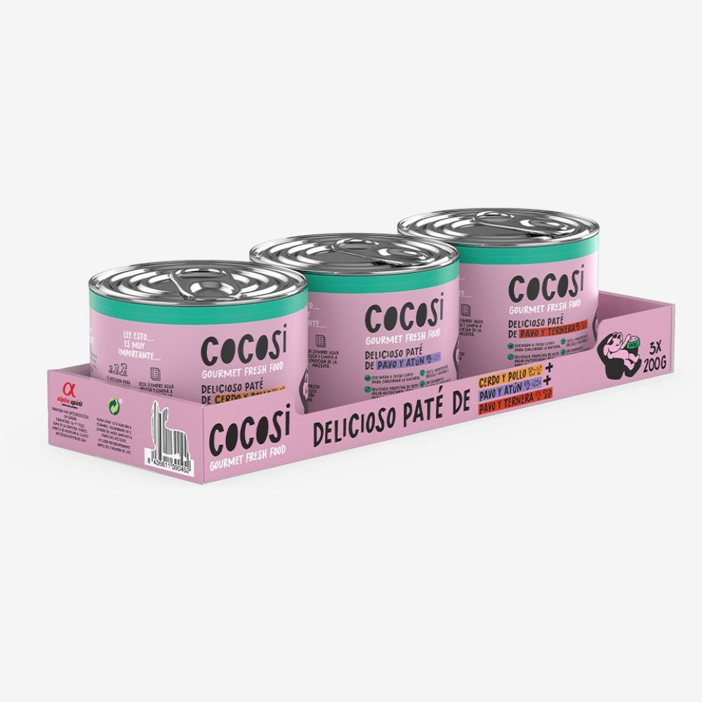 Cocosi Paté para perros Multisabor 200gx3 cerdo y pollo,pavo y atún,pavo y ternera