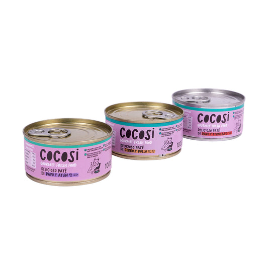 Cocosi Paté para Gatos multisabor 100gx 3 cerdo y pollo,pavo y atún,pavo y ternera